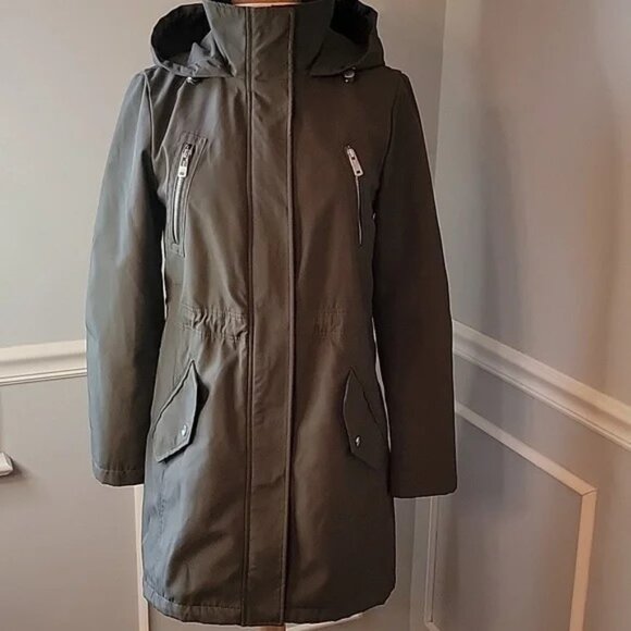 KENNETH COLE Army Green Attached Hood Full Zip Designer Trench Rain Coat S - Picture 1 of 12